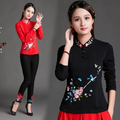 Women Embroidered Floral Long Sleeve T-shirt Cotton Folk-custom Top Loose Casual - Image 1 of 4