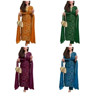 Women’s Bandhej Printed Kurta Set Rayon Viscose Straight Suit with Pant & Dupatt - Picture 1 of 38