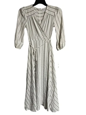 Calvin Klein Womens Striped Midi Faux Wrap Dress Size 2 White Gray Stripes - Image 1 of 4
