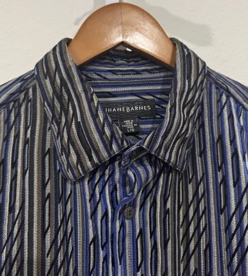 Camisa Jhane Barnes Para Hombres LS Botón Talla L Negra-Azul/Rayas/Mezcla Seda-Rayón Foto 1 de 4