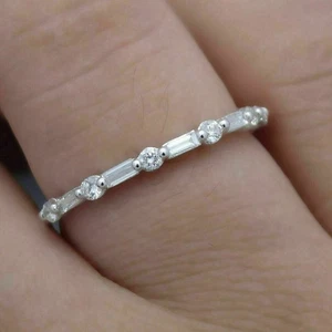 1ct Baguette & Round Diamond Half Eternity Band Wedding Ring 14k White Gold Over - Picture 1 of 6