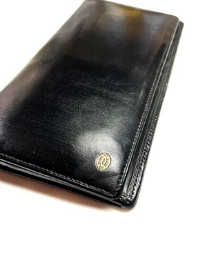 CARTIER VINTAGE PASHA GOLD CC EMBLEM LEATHER LONG WALLET BIFOLD FRANCE BLACK - Image 1 of 4
