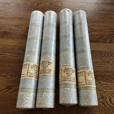4 rollos de papel tapiz retro Schumacher floral a rayas 72 yardas rollos completos azul Foto 1 de 4
