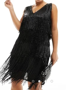 Mini abito ASOS Design Curve nero con frange taglia 16 $219 nuovo con etichette - Foto 1 di 8