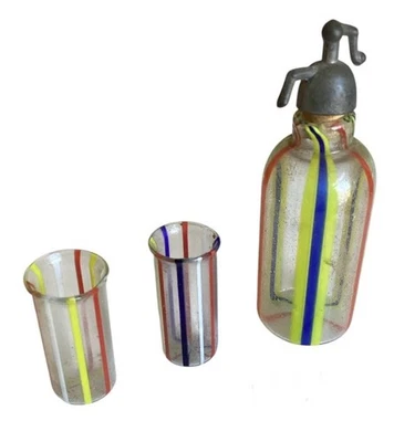 ANTIQUE GERMAN DOLLHOUSE 2 glasses LAUSCHA GLASS TOY SELTZER BOTTLE W PEWTER CAP - Image 1 of 2