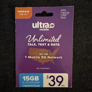 Ultra Mobile Sim Card 1 Month Unlimited Talk Text 15GB Data And Starter Kit New - Photo 1 sur 2