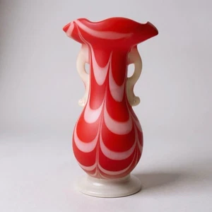 Vintage Red & White Satin Nailsea Art Glass Drapery Vase w/ Loop Handles 7" - Picture 1 of 5