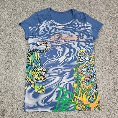 Ed Hardy Christian Audigier рубашка женщин большой синий AOP тату Tiger пламени Y2K - Изображение 1 из 4