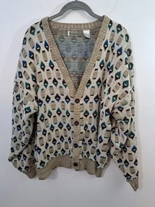 Vintage Men's Tan Geometric Print Cardigan Sweater In Size Small - Picture 1 of 4