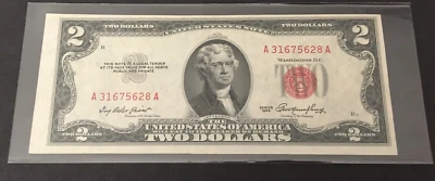 1953 $2.00 TWO DOLLAR RED SEAL NOTE almost uncirculated Miscut wide left margin - Image 1 of 2