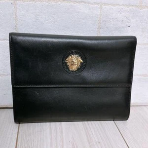 VERSACE La Medusa Bifold Long Wallet Card Holder Leather Black x Gold Hardware - Picture 1 of 12