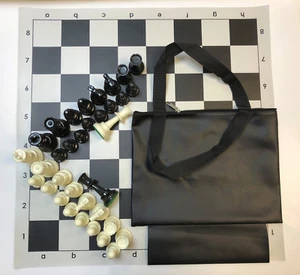 TOURNAMENT CHESS SET COMBO: BLACK BAG W/ LOOP, BLACK BOARD & CHESS PIECES - Picture 1 of 5