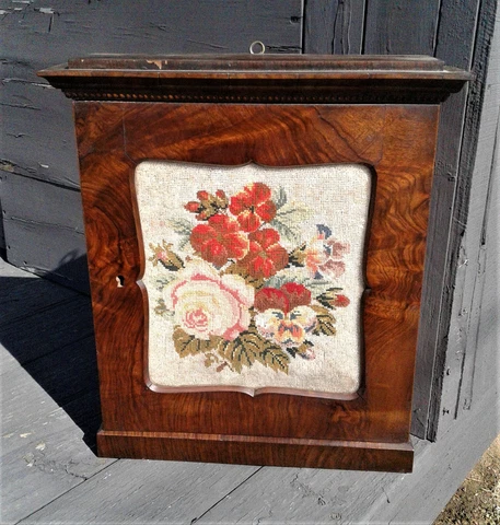 Antique Folk Art Burled Walnut Beaded Needlepoint Panel Wall Hanging Key Cabinet Cover
