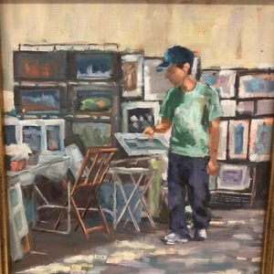 Painting 'Art Show' man browsing 17 x 20 Orig Painting Framed - Picture 1 of 3