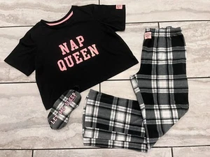 Girl’s size large black/ pink Justice 3 pc nap queen pajama set - Picture 1 of 13