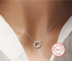 Collana con ciondolo zirconi cerchio cavo minimalista argento sterling 925 grande 0,1 oz - Foto 1 di 4
