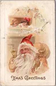1911 WEIHNACHTSKARTE WEIHNACHTSMANN im goldenen Gewand / rote Mütze / Mädchen am Fenster - Bild 1 von 2