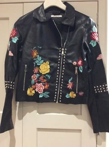 Floral Embroidered Black Biker Leather Style Jacket UK Size XS By Glamorous - Picture 1 of 10