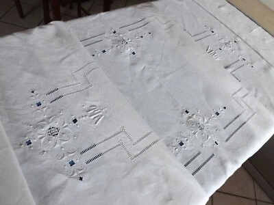 service, 10 serviettes + nappe brodées , en fil de lin, mono TM, ancien - Photo 1/4