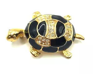 Vintage Turtle Black an Gold Tone Rhinestone an Enamel Brooch Pin - Picture 1 of 6