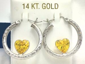 HEART Shaped 3.23 Cts YELLOW TOPAZ 10k White Gold Hoop EARRINGS *Free Shipping*