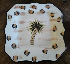 TABLETOPS GALLERY-"Jungle" Hand Painted w Palm Tree Square 10 3/4" Dinner Plate - Picture 1 of 6