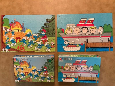 Vintage Peanuts/Smurfs Milton Bradley Puzzles 100 pc Boxed 16x11” 4382-1/4190-1 - Image 1 of 4