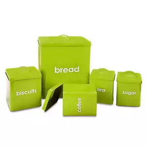 5PC METAL KITCHEN BREAD BIN SET STORAGE SUGAR COFFEE TEA ENAMEL COATED CANISTERS - Picture 1 of 5