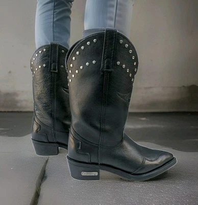 Botas de motocicleta occidentales de cuero con tachuelas negras Harley Davidson talla 7 M para mujer Foto 1 de 4