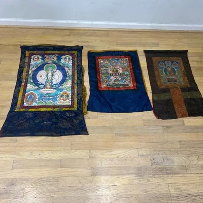 Antique Thangka Seated Buddha Lot Of 3 24.5” X 33.5” - 20.5” X 24”- 17” X 27” ~ - Image 1 of 4