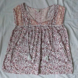 Lucky Brand Peasant Top Boho Printed Tassel Bohemian Pink Floral Womens Small  - Picture 1 of 8
