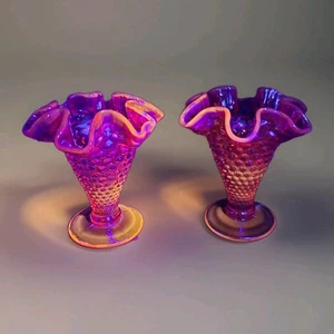 2 Trumpet 4" Vases Amberina Red Orange Glow Hobnail Ruffle Vintage Set Pair - Picture 1 of 17