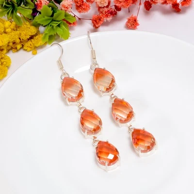 Pendientes de plata de ley 925 hechos a mano con piedras preciosas de cuarzo de turmalina bio 3,1" d276 Foto 1 de 4