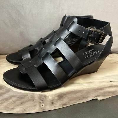 "Sandalias Gladiador FRANCO SARTO Talla 8M Cuero Negro 2.5"" Tacón de Cuña DEENA USADAS EN EXCELENTE ESTADO" Foto 1 de 4
