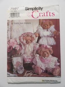 Simplicity 7597 Crafts Faith Van Zanten One Size Bear 18" Clothes Uncut Pattern - Picture 1 of 3