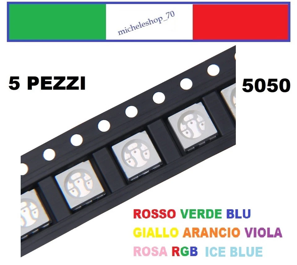 chip led SMD 5050 alta luminosità confezioni da 5 pezzi colori a scelta - Immagine 1 di 1