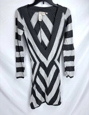 Twiggy Grey Black Low Plunge V-Neck Long Sleeve Geometric Pullover Sweater Dress - Image 1 of 4
