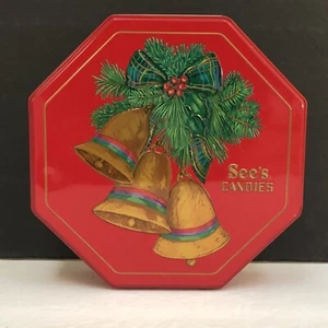 See's Candies Red Octagonal 8" Christmas Tin Box 2009 USA with Flaw - Picture 1 of 13