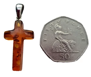 Amber Cross 925 Bail Minimalist Modernist Christian Pendant 1.9g - Picture 1 of 18