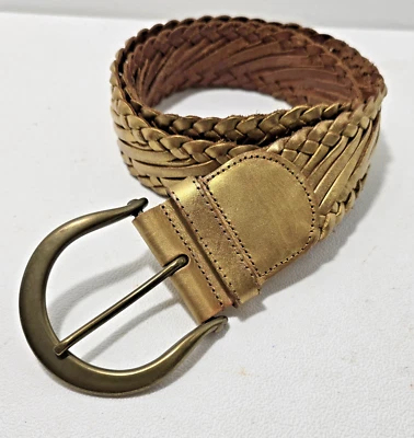 Linea Pelle Gold Woven Leather Belt Wide Metallic Sz 30-34" Brass Buckle - Image 1 of 4