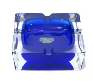 JG Durand Ashtray Double Cased Glass Cobalt Blue Clear 3.25" Square Boxed France - Picture 1 of 13