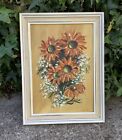 SMALL VINTAGE RETRO STILL LIFE ORANGE FLOWERS FLORAL OIL PAINTING ~ SIGNED