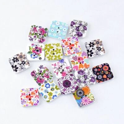 20pcs/lot Square Flower Wood Buttons 15x15mm Multicolor Painting Button Sewing A - Image 1 of 4
