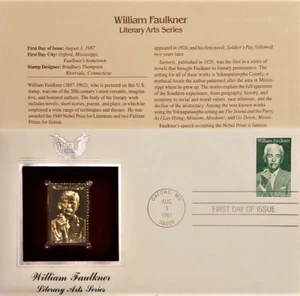22K Gold 1987 William Faulkner Literary Art Gold Stamp Replica 1st Day Cov NoAdd - Picture 1 of 1