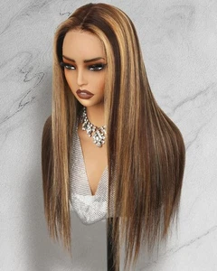Highlight Ombre Lace Front Wig Human Hair 180% Density,13x4 Straight 4/27 Hon... - Picture 1 of 9