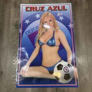 Vintage Y2K Cruz Azul Pinup Girl Mexico Soccer Futbol Poster RARE 24” x 34” - Picture 1 of 4