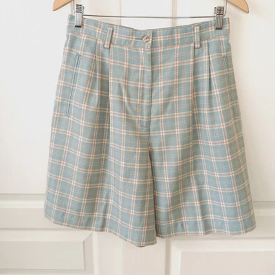 Vintage Lizsport Women's Light Blue Plaid High-Waist Pleated Shorts Size 12 - Image 1 of 4