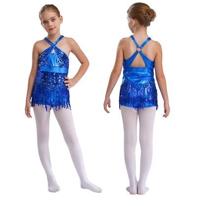 Girls Sequins Tassel Latin Dance Leotard Dress Salsa Rumba Samba Jazz Costume - Image 1 of 4