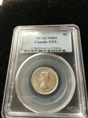 1964  Extra Waterline, PCGS Graded Canadian Five Cent, **MS-64** #5626 - Image 1 of 4
