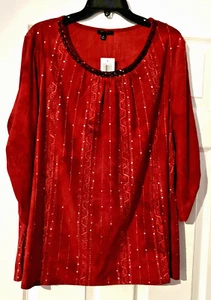Sami & Jo Beaded Neckline Scarlet/Red Sequin 3/4 Sleeve Top Women's Size 2X - Picture 1 of 4